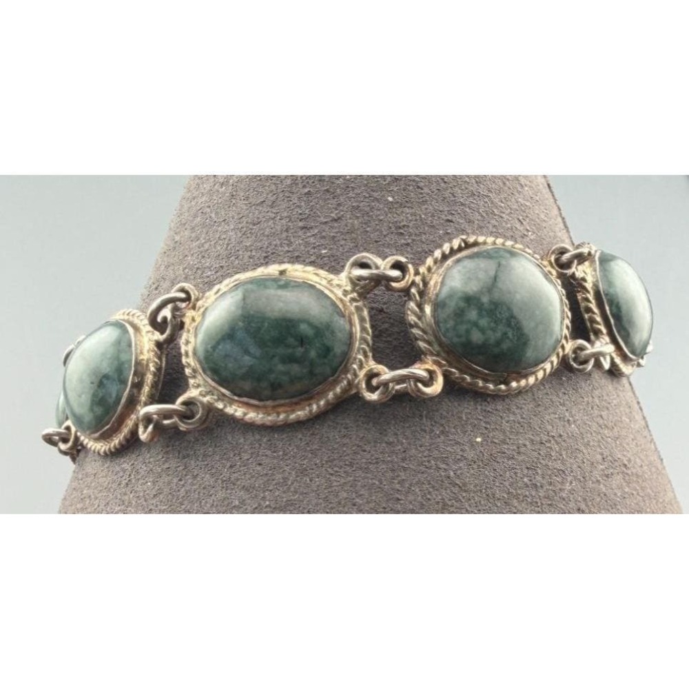 Vintage Jadeite Bracelet Sterling Silver Link Bezel Setting Green Stones 8"